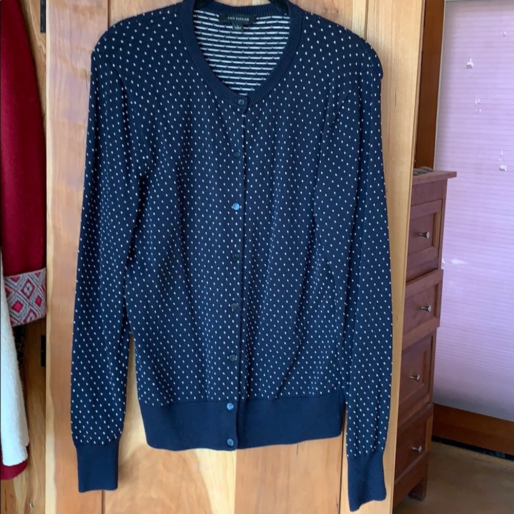 Ann Taylor Cardigan Navy Polka Dot large